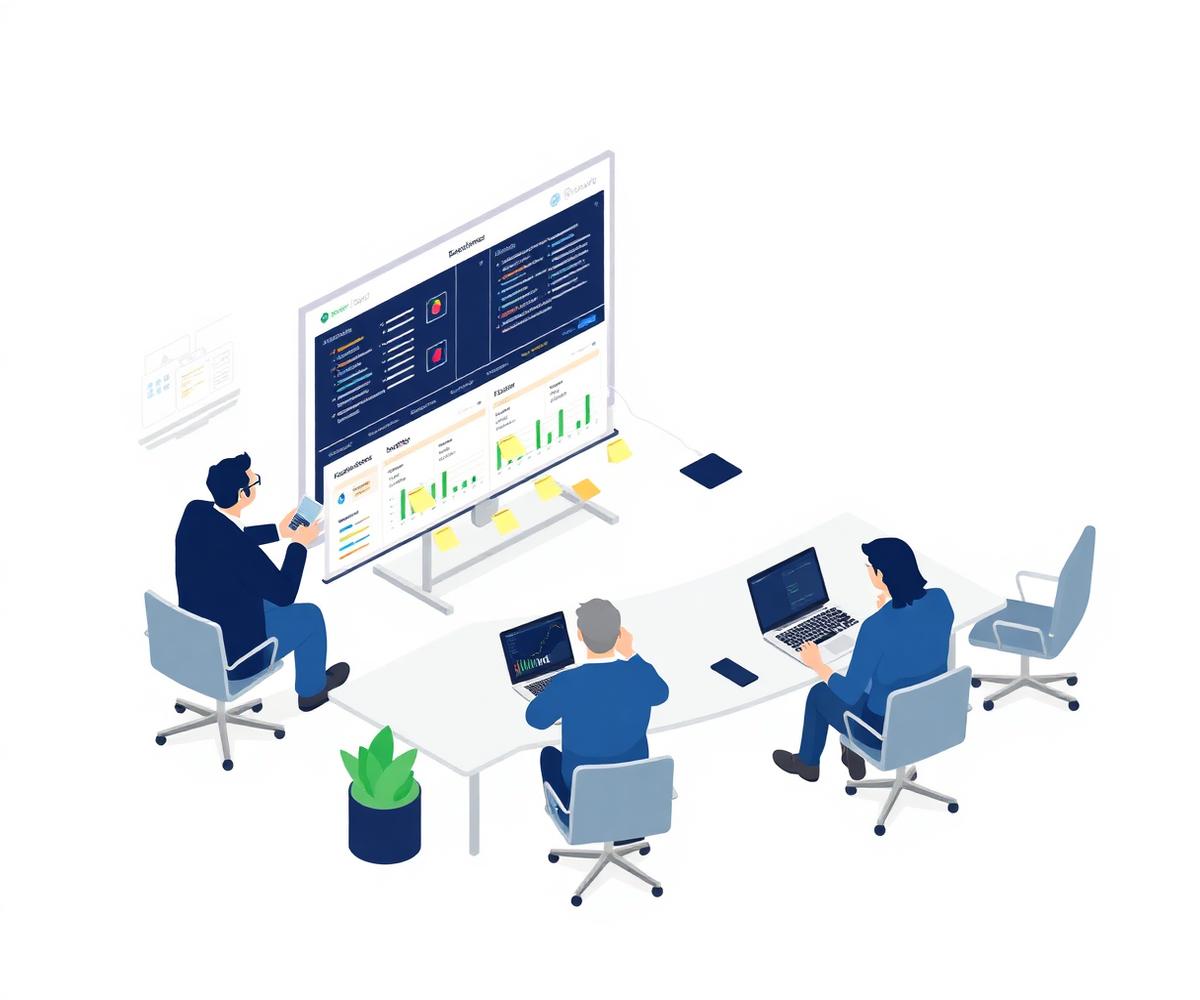 Team reviewing project plan on a large screen